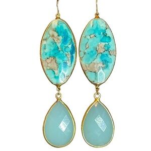 10K Gold Plated Stained Oval Shell Drop Earrings With Sage Glass Teardrop Dangle